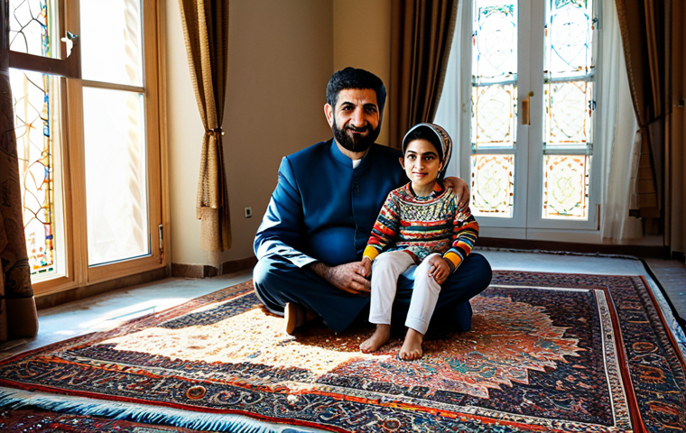 이란 직조 기술과 카펫 제작 - **
"A traditional Iranian family sits in their living room, adorned with an intricately patterned P...