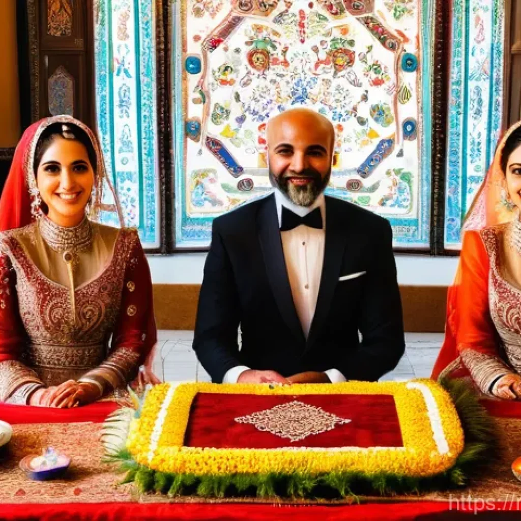 이란의 결혼 문화 - **A joyful Iranian bride and groom are seated gracefully at a beautifully adorned "Sofreh Aghd" tabl...
