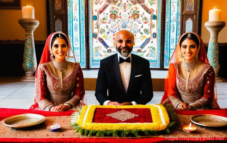 이란의 결혼 문화 - **A joyful Iranian bride and groom are seated gracefully at a beautifully adorned "Sofreh Aghd" tabl...