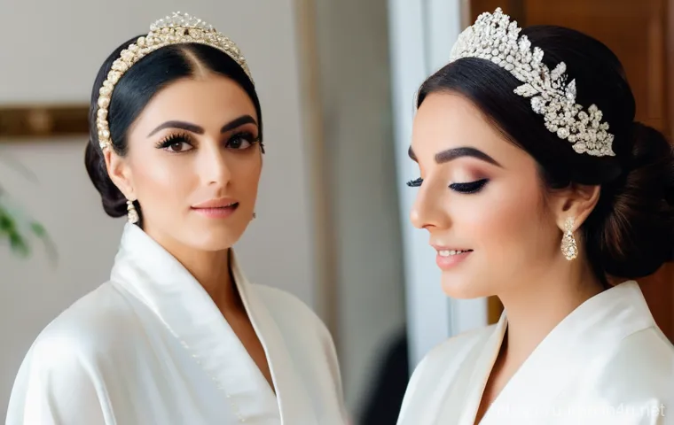 이란의 결혼 문화 - **A joyful Iranian bride and groom are seated gracefully at a beautifully adorned "Sofreh Aghd" tabl...