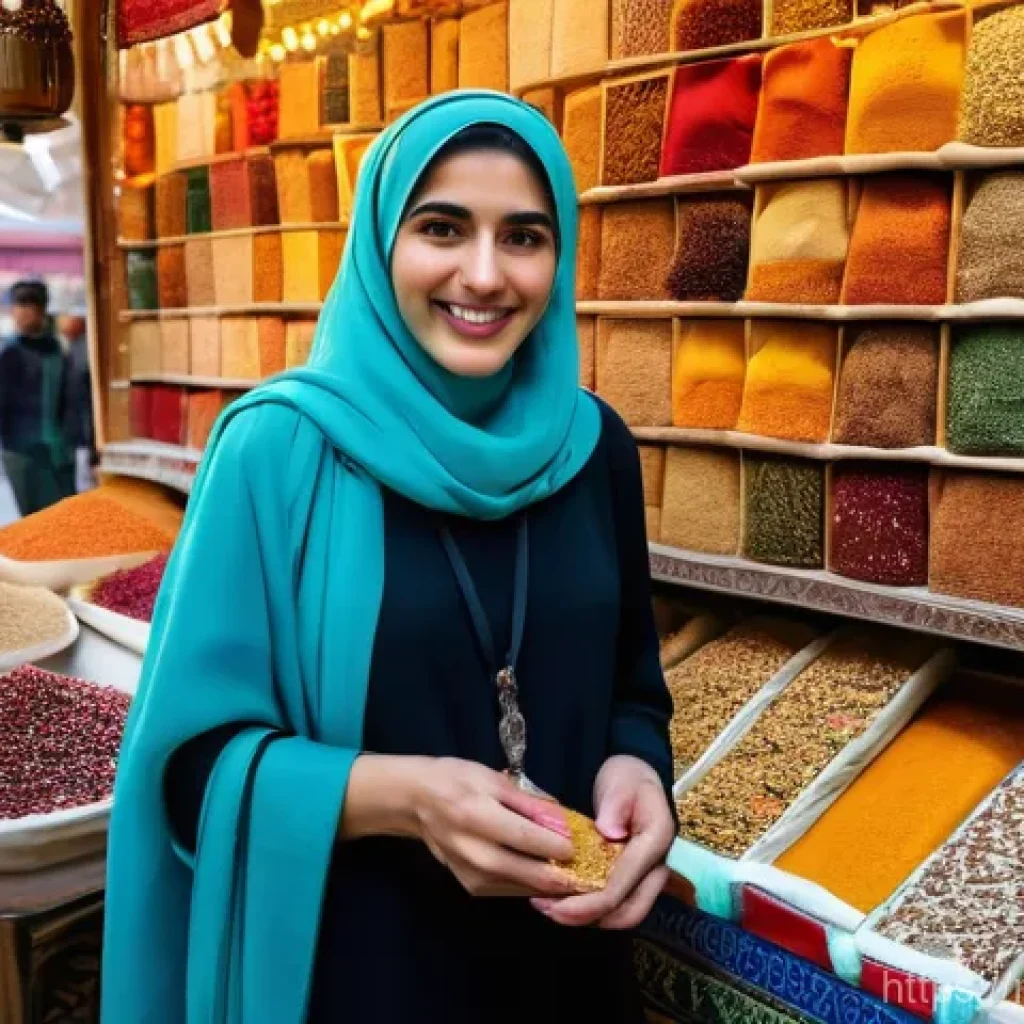 이란 여행 팁 - **Vibrant Iranian Bazaar Scene with a Modestly Dressed Female Tourist:** A candid, medium shot of a ...