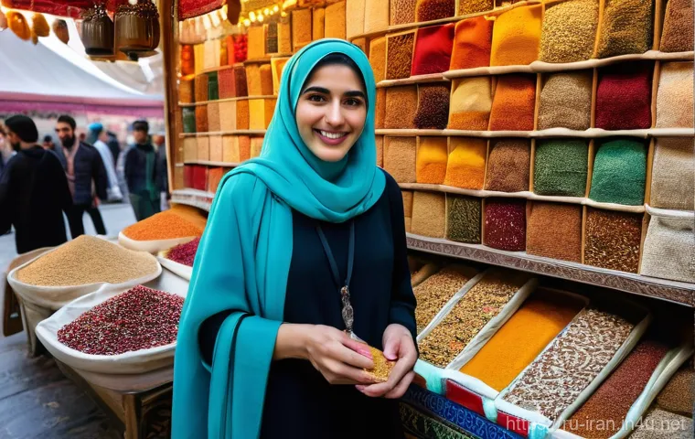 이란 여행 팁 - **Vibrant Iranian Bazaar Scene with a Modestly Dressed Female Tourist:** A candid, medium shot of a ...