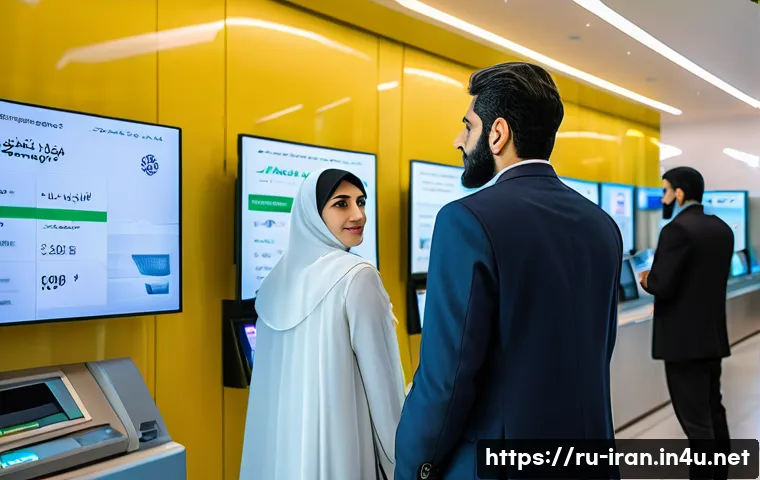 이란의 경제 제재 영향 - A detailed scene inside a modern Iranian bank with a focus on local payment systems and cryptocurren...
