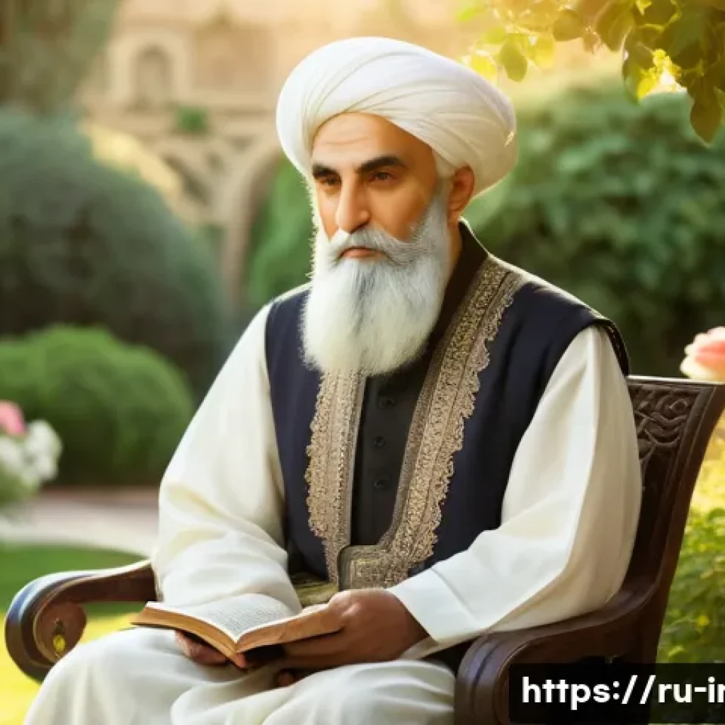이란의 유명 인물 - A dignified portrait of Omar Khayyam, the Persian poet and philosopher, dressed in traditional 12th-...