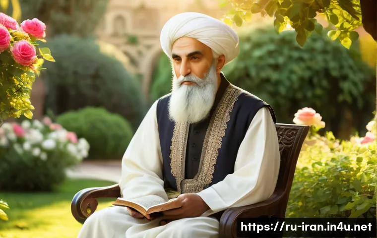 이란의 유명 인물 - A dignified portrait of Omar Khayyam, the Persian poet and philosopher, dressed in traditional 12th-...