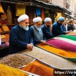 이란 유명 관광지 - A bustling traditional Iranian bazaar scene in Tehran, featuring narrow alleyways crowded with vendo...