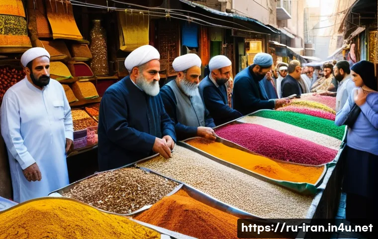 이란 유명 관광지 - A bustling traditional Iranian bazaar scene in Tehran, featuring narrow alleyways crowded with vendo...