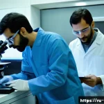 이란의 과학 발전과 성과 - A modern biotechnology laboratory in Tehran University, featuring Iranian scientists wearing lab coa...