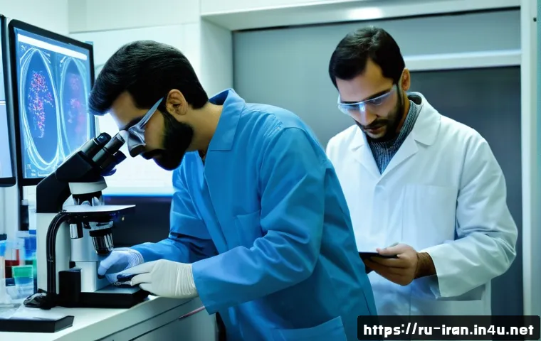 이란의 과학 발전과 성과 - A modern biotechnology laboratory in Tehran University, featuring Iranian scientists wearing lab coa...