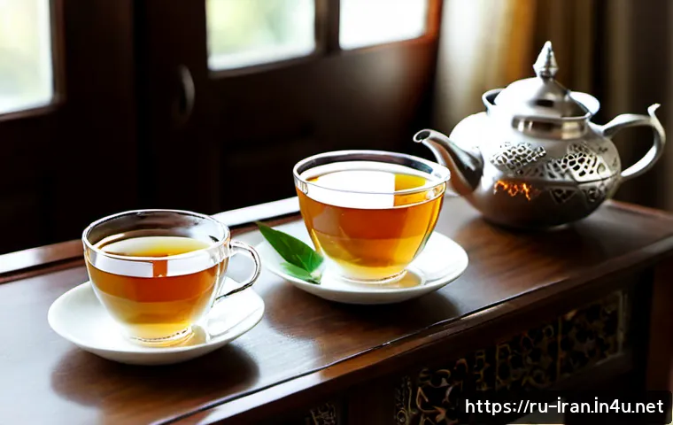 Home 16 이란 자스민 차 - Photorealistic Iranian jasmine tea service on a polished wooden table, clear glass tea cups filled w...