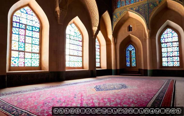 이란 시라즈 핑크 모스크 - Photorealistic interior of Shiraz Pink Mosque at early morning, intricate stained-glass windows cast...